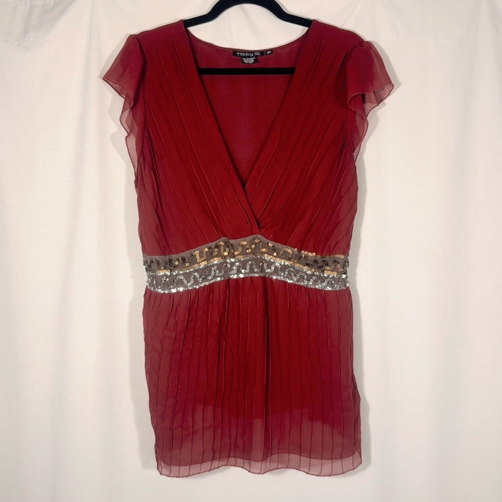 Abby Z. Brick Red Chiffon Blouse with Sequin Waist